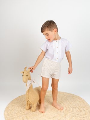 Conjunto pantalón y camisa vichy camel y blanco niños